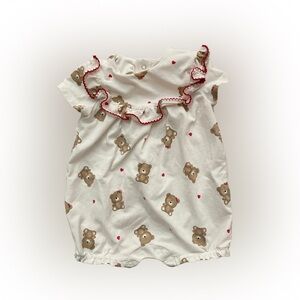 Mayoral Cream Baby One-Piece with Brown Bear Print and Red Trim